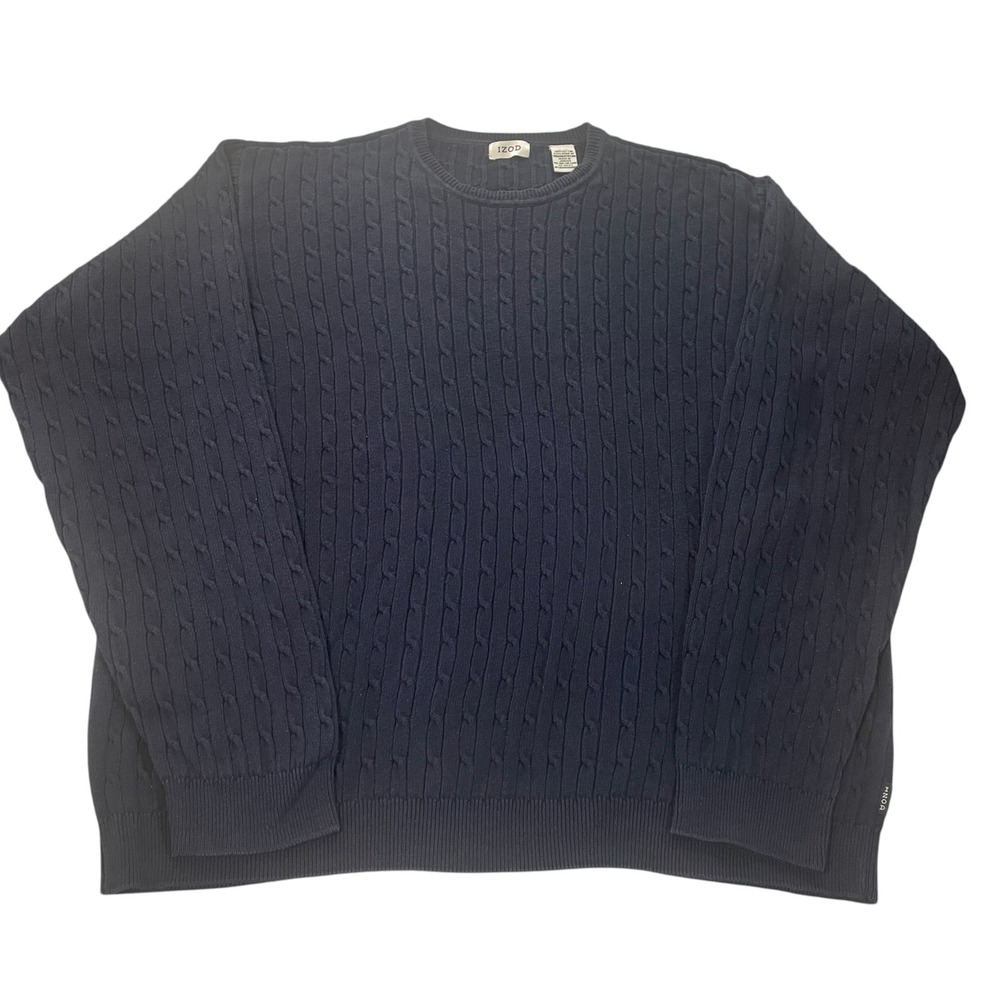 IZOD Mens XL Navy Blue Cable Knit Crewneck Sweater 100% Cotton Pullover